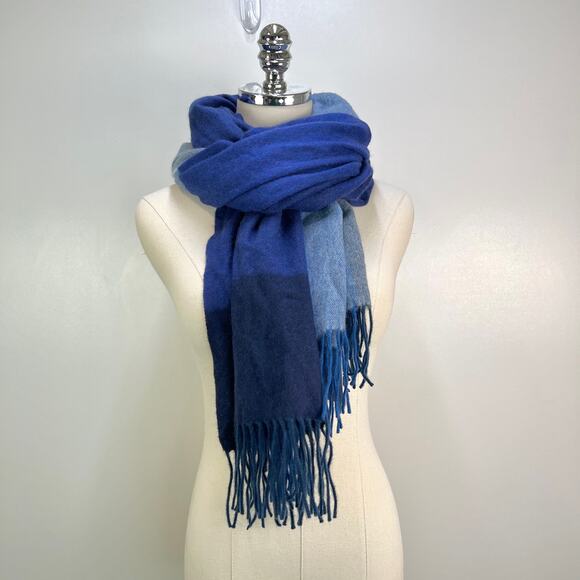 Japanese Cashmere Wrap Wide Scarf Colorblock Blue Modern Unisex - Picture 2 of 9